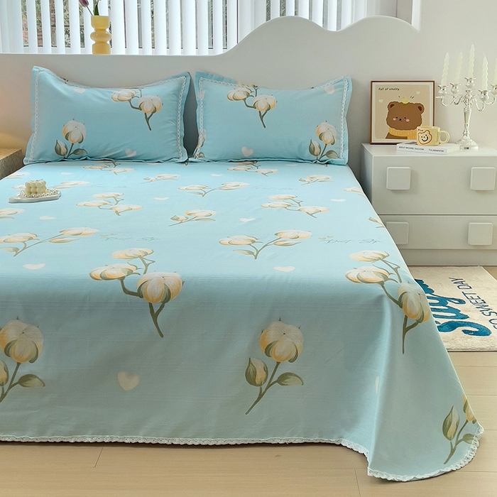 91家纺网 家纺一手货源 找家纺 梵克保罗 2025新款鱼骨棉老粗布凉席花边款床单三件套 泡泡棉