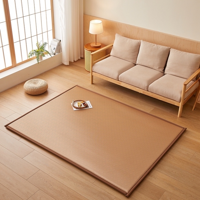 91家纺网 家纺一手货源 找家纺 2025新款包边工艺凉感冰藤地铺睡垫系列凉席地垫 冰丝饼干咖