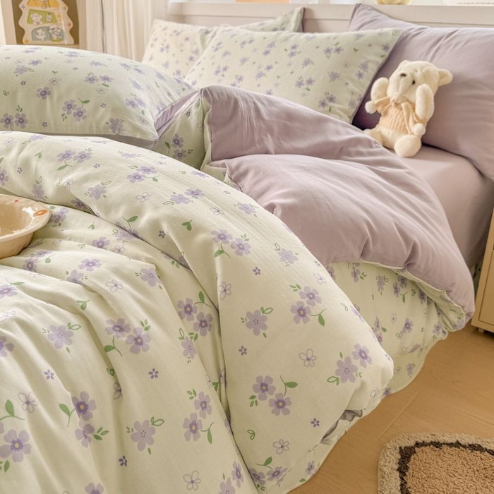 91家纺网 家纺一手货源 找家纺 2025新款40s全棉双层纱圆角吊边款四件套 浅梦-紫