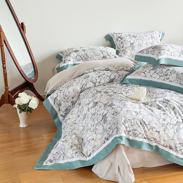 91家纺网 家纺一手货源 找家纺 巧玲珑 2025新款60支A类进口数码印花美式双拼四季款长绒棉四件套 梨花谷