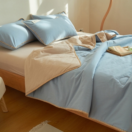 寐绸家纺 2025新款纯棉水洗棉极简风贝克边大豆纤维夏被四件套 浅蓝+杏色