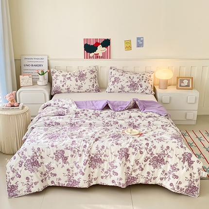 91家纺网 家纺一手货源 找家纺 佰亿莱  2025春夏新款水洗棉羽丝绒小花边夏被夏凉被空调被 紫藤花