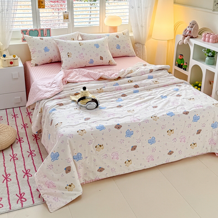 91家纺网 家纺一手货源 找家纺 洺兰家居 2025新款A类全棉印花麻绳款夏被四件套 快乐狗狗