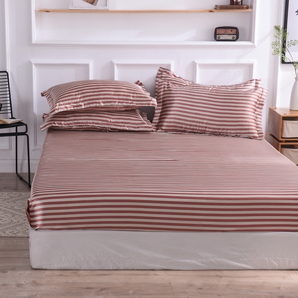 经年 2025新款条纹丝绸冰丝四件套-单床笠 红棕中条
