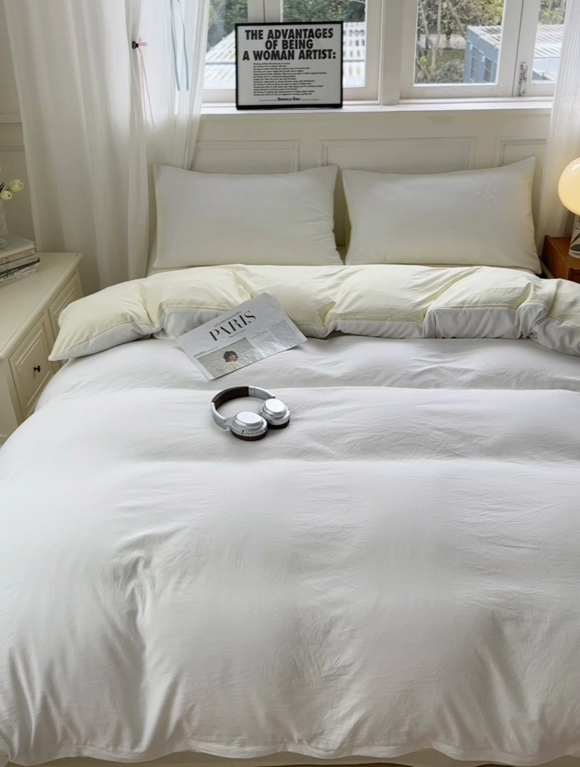 91家纺网 家纺一手货源 找家纺 冕悠家纺 2025新款A类105克超柔褶皱水洗棉拼色四件套 奶昔白+芝士黄