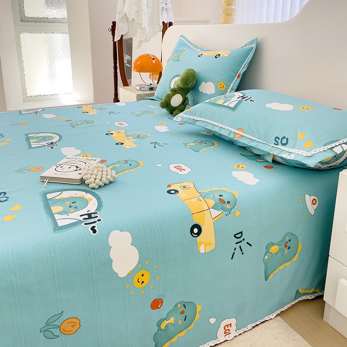 91家纺网 家纺一手货源 找家纺 梵克保罗 2025新款鱼骨棉老粗布凉席花边款床单三件套 恐龙日记