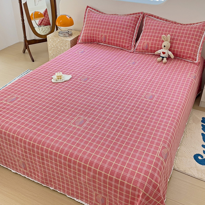 91家纺网 家纺一手货源 找家纺 梵克保罗 2025新款鱼骨棉老粗布凉席花边款床单三件套 格韵-粉