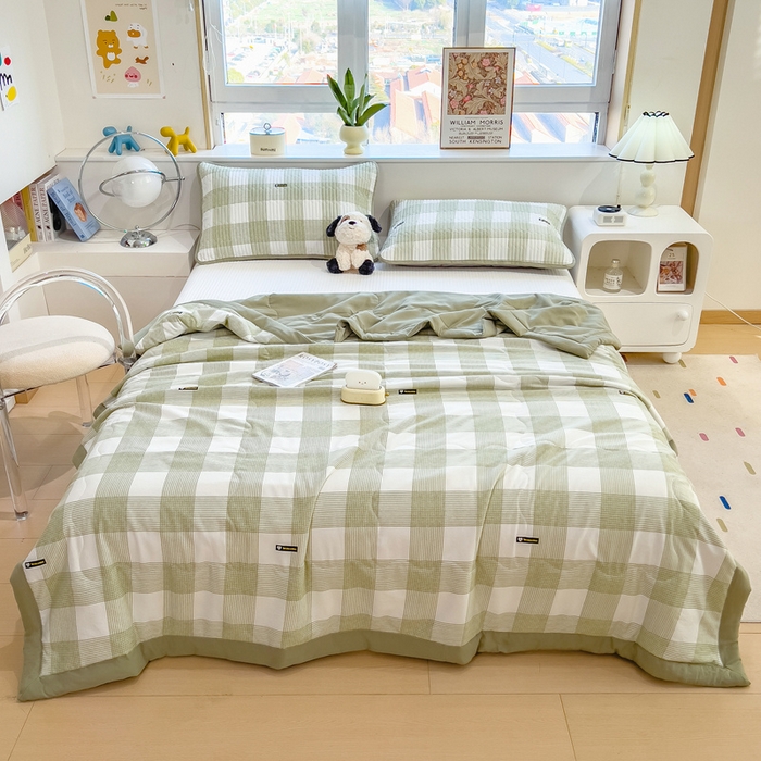 91家纺网 家纺一手货源 找家纺 慕木 2025春夏新款双层纱针织棉夏被夏凉被空调被 莫奈绿格