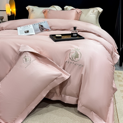 91家纺网 家纺一手货源 找家纺 （总）沃尔居 2025新款全棉纯棉长绒棉四件套刺绣绣花纯色贡缎床笠款高端礼盒装