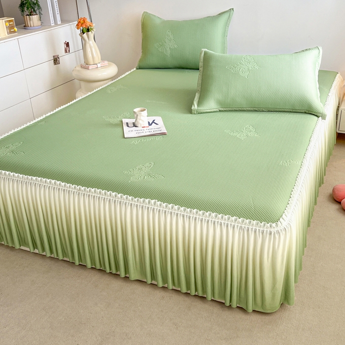 91家纺网 家纺一手货源 找家纺 安哆啦家纺 2025新款凉感冰豆豆花边凉席三件套系列 豆豆床裙-果绿