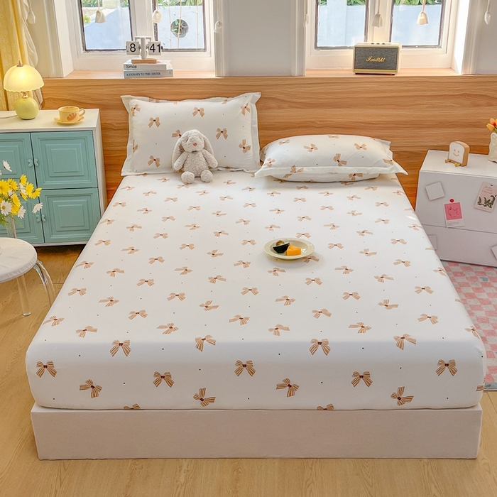 91家纺网 家纺一手货源 找家纺 默忆 2025新款针织双层纱印花糯小棉床笠 蝴蝶结