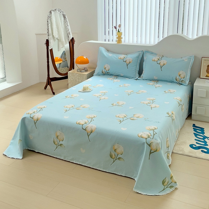 91家纺网 家纺一手货源 找家纺 梵克保罗 2025新款鱼骨棉老粗布凉席花边款床单三件套 泡泡棉