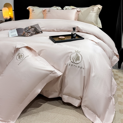 91家纺网 家纺一手货源 找家纺 （总）沃尔居 2025新款全棉纯棉长绒棉四件套刺绣绣花纯色贡缎床笠款高端礼盒装