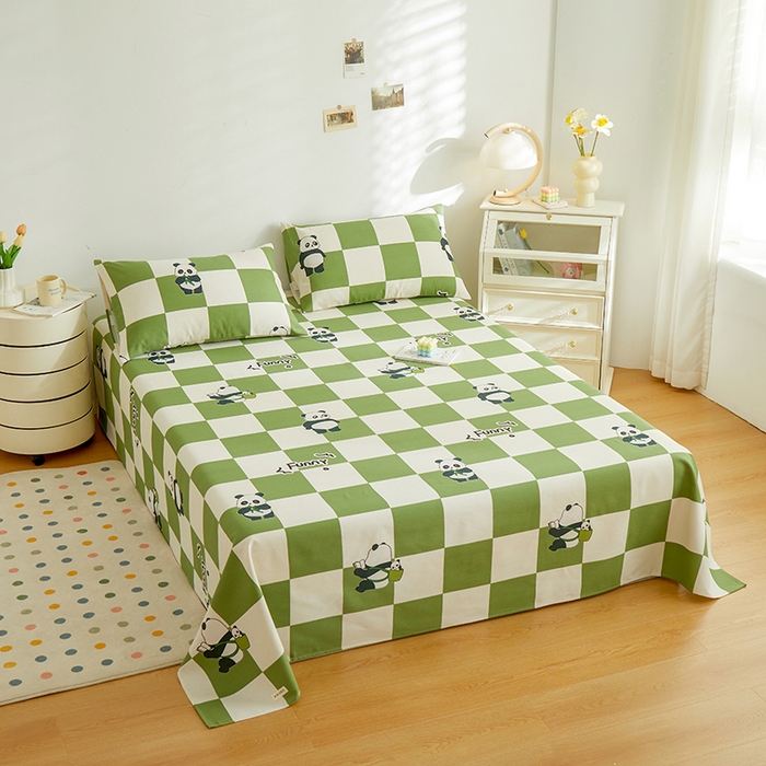 91家纺网 家纺一手货源 找家纺 绒艺席业 2025新款简约原棉印花老粗布床单 绿格熊猫