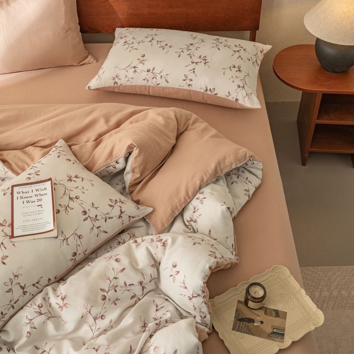 91家纺网 家纺一手货源 找家纺 2025新款40s全棉双层纱圆角吊边款四件套 叶初-咖