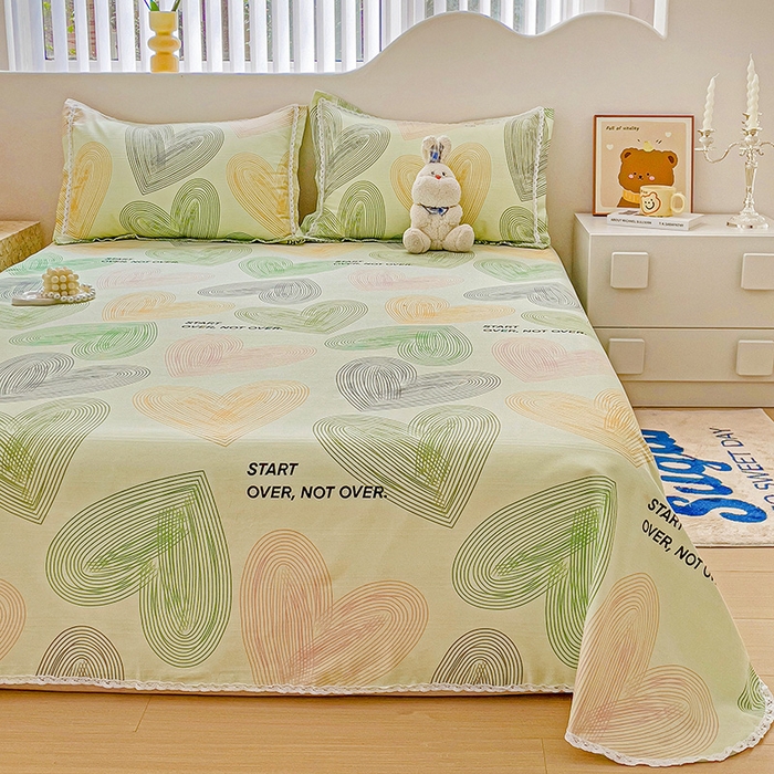 91家纺网 家纺一手货源 找家纺 梵克保罗 2025新款鱼骨棉老粗布凉席花边款床单三件套 心动-绿