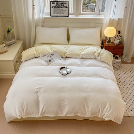 冕悠家纺 2025新款A类105克超柔褶皱水洗棉拼色四件套-单被套 奶昔白+芝士黄
