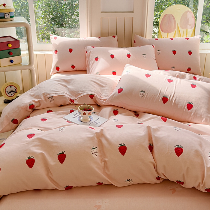 91家纺网 家纺一手货源 找家纺 澳梵家居 2025新款小清新全棉印花四件套 可可草莓