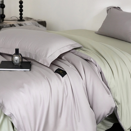91家纺网 家纺一手货源 找家纺 梧桐树 2025新款60s长绒棉全棉纯色双拼四件套 银灰+绿