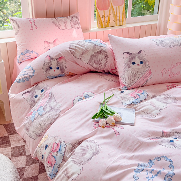 91家纺网 家纺一手货源 找家纺 澳梵家居 2025新款小清新全棉印花四件套 优雅猫咪