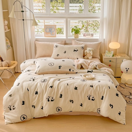 2025新款40s全棉双层纱圆角吊边款四件套 DIY熊猫