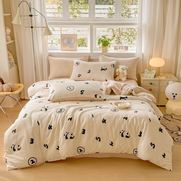 91家纺网 家纺一手货源 找家纺 2025新款40s全棉双层纱圆角吊边款四件套 DIY熊猫