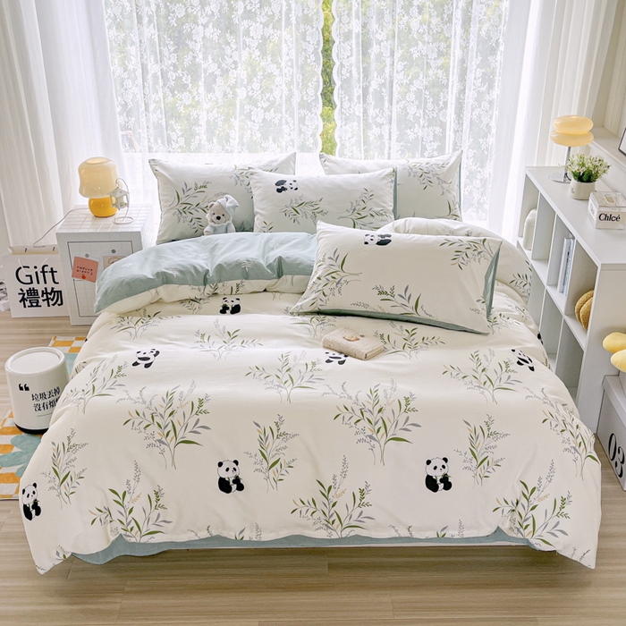 91家纺网 家纺一手货源 找家纺 世爵 2025新款全棉印花小清新套件系列-四件套 竹林熊猫