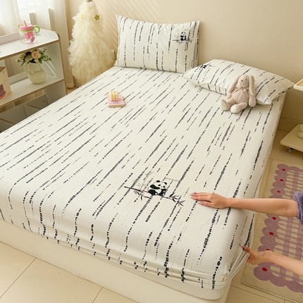 沐辰 2025春夏新款A类全棉纯棉老粗布烫画单品床笠 床笠单件 熊猫竹子-黑