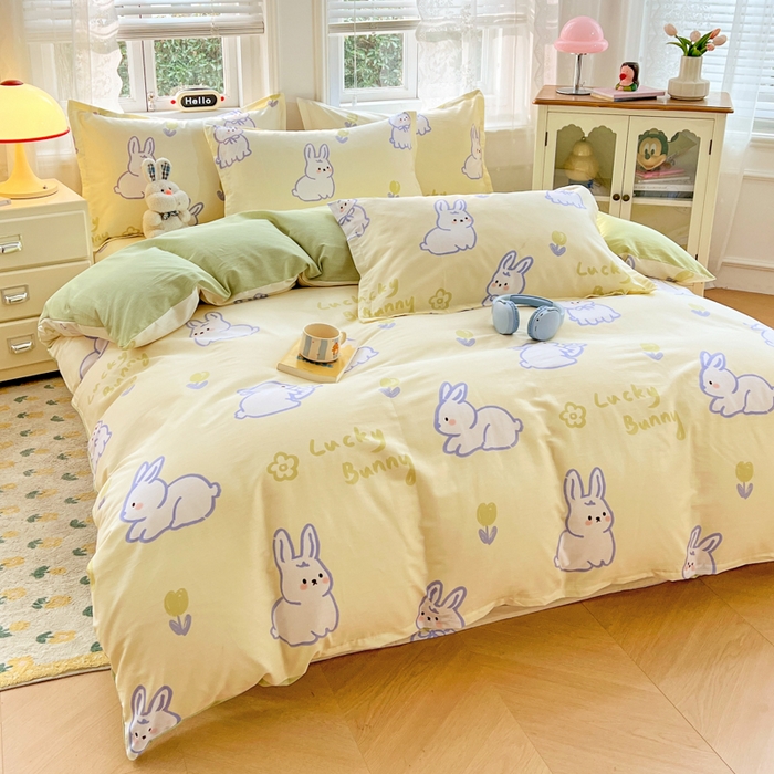 91家纺网 家纺一手货源 找家纺 世爵 2025新款全棉印花小清新套件系列-四件套 吉祥兔