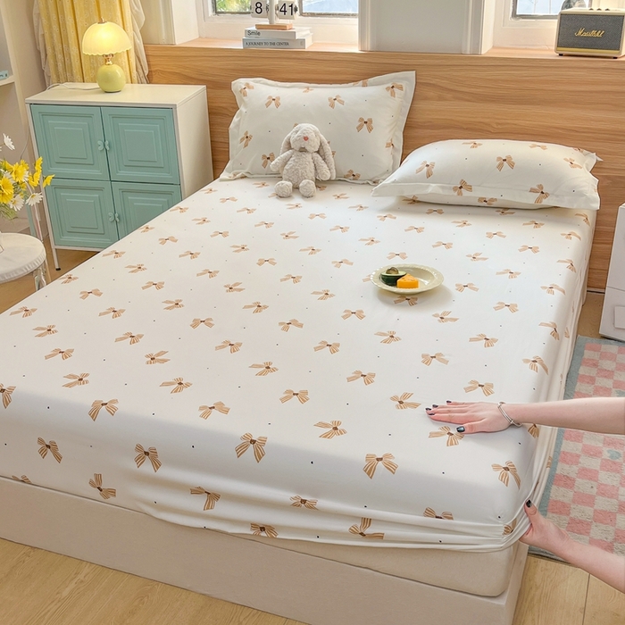 91家纺网 家纺一手货源 找家纺 默忆 2025新款针织双层纱印花糯小棉床笠 蝴蝶结