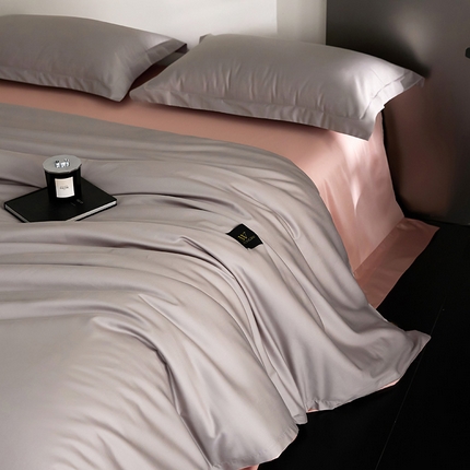 梧桐树 2025新款60s长绒棉全棉纯色双拼四件套 银灰+粉
