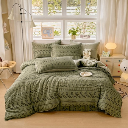 2025新款40s全棉双层纱圆角吊边款四件套 爱丽丝花园-橄榄绿