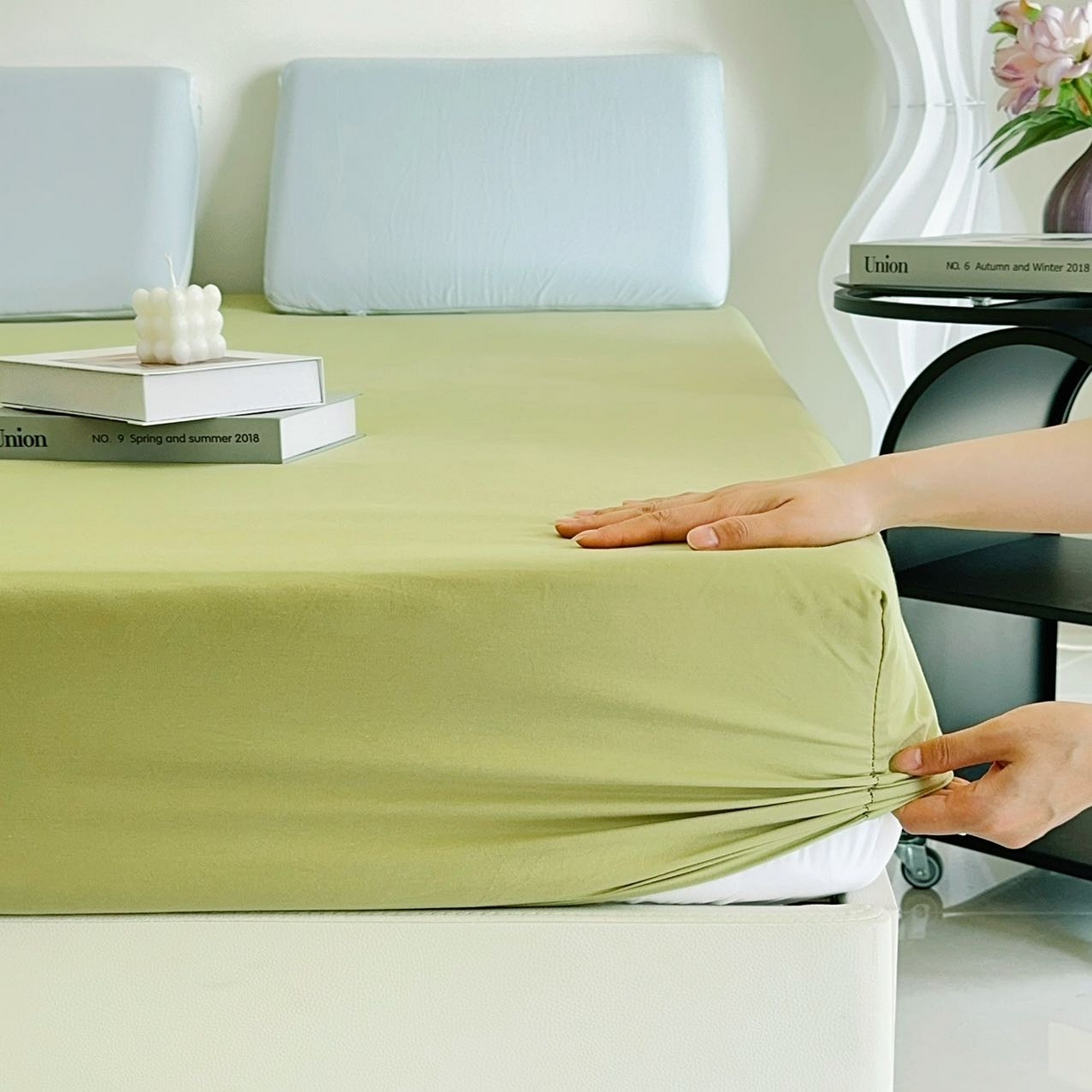 91家纺网 家纺一手货源 找家纺 兜米家居 2025新款纯色全棉床笠 山野绿