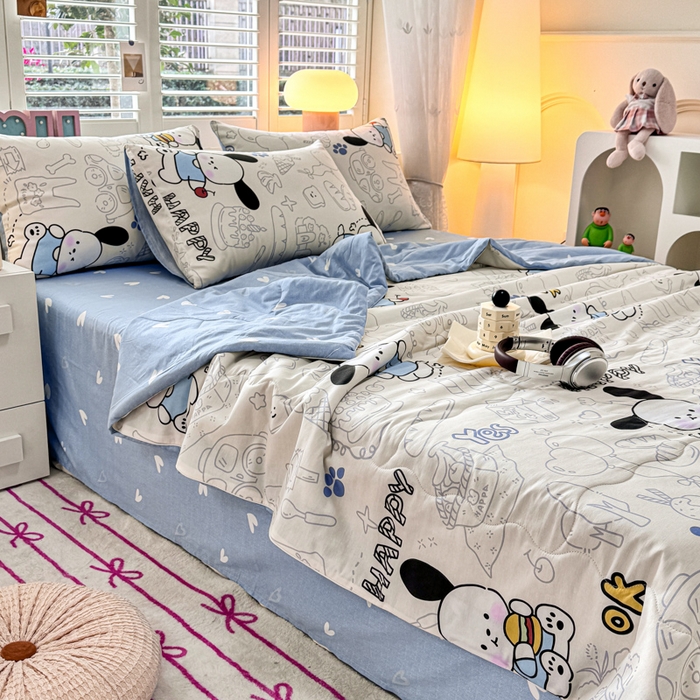 91家纺网 家纺一手货源 找家纺 洺兰家居 2025新款A类全棉印花麻绳款夏被四件套 蓝小狗