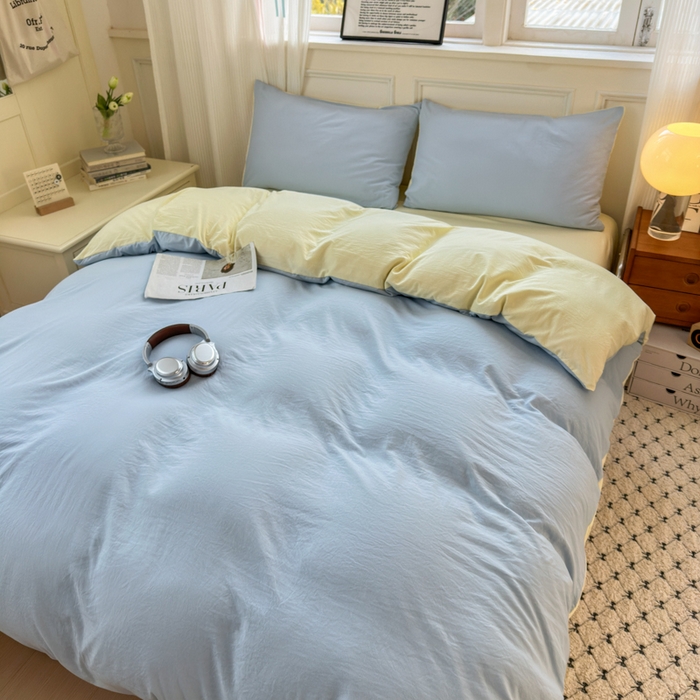 91家纺网 家纺一手货源 找家纺 冕悠家纺 2025新款A类105克超柔褶皱水洗棉拼色四件套 月白蓝+芝士黄