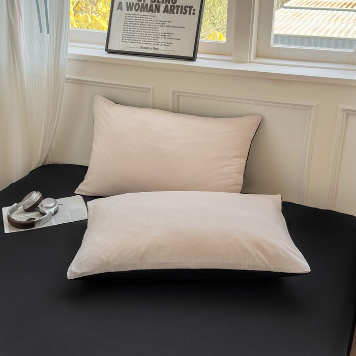 91家纺网 家纺一手货源 找家纺 冕悠家纺 2025新款A类105克超柔褶皱水洗棉拼色四件套-单被套 藕粉+高级黑