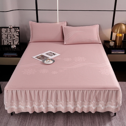 梵克保罗 2025新款7A抗菌母婴级纯乙纶PE刺绣凉感丝豆豆席 床裙款 床裙款 浪花-粉