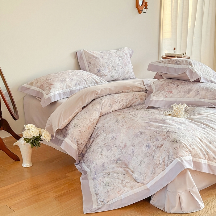 91家纺网 家纺一手货源 找家纺 巧玲珑 2025新款60支A类进口数码印花美式双拼四季款长绒棉四件套 莫妮卡