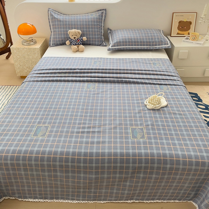 91家纺网 家纺一手货源 找家纺 梵克保罗 2025新款鱼骨棉老粗布凉席花边款床单三件套 格韵-灰