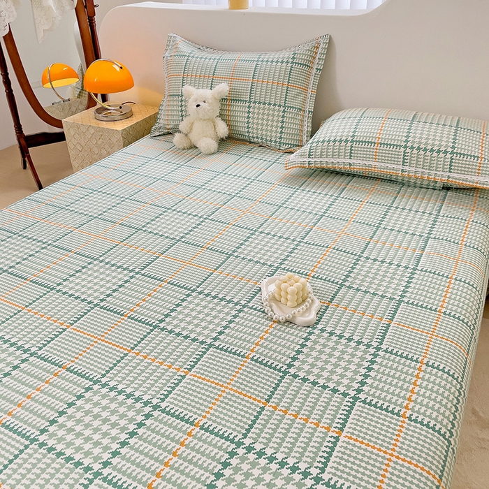 91家纺网 家纺一手货源 找家纺 梵克保罗 2025新款鱼骨棉老粗布凉席花边款床单三件套 千鸟格