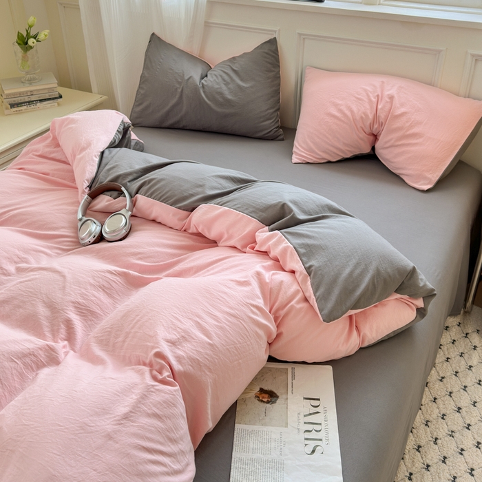 91家纺网 家纺一手货源 找家纺 冕悠家纺 2025新款A类105克超柔褶皱水洗棉拼色四件套-单被套 樱花粉+岩灰