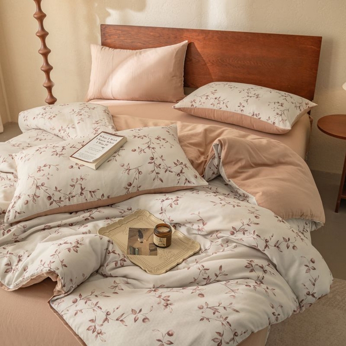 91家纺网 家纺一手货源 找家纺 2025新款40s全棉双层纱圆角吊边款四件套 叶初-咖