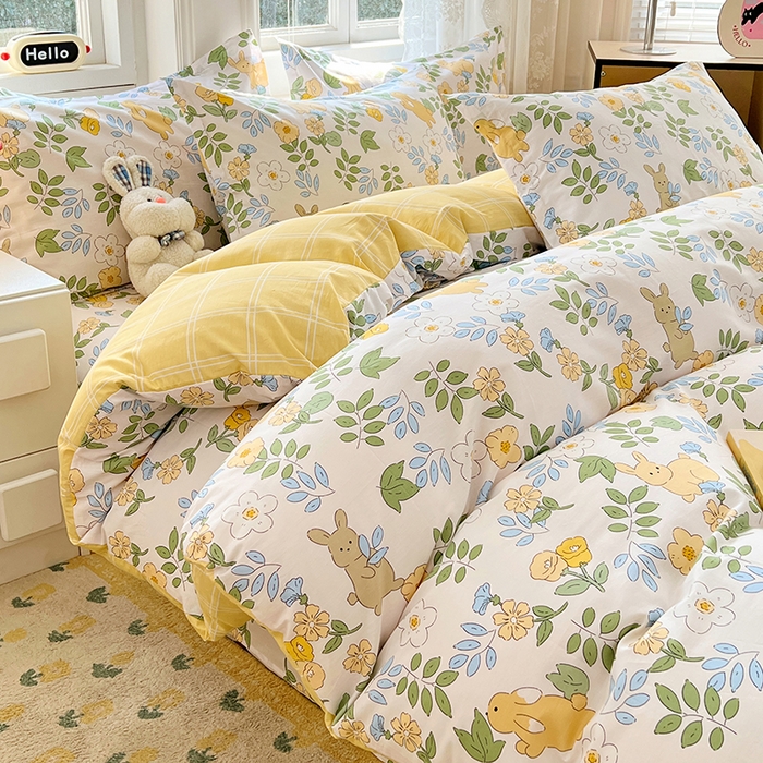 91家纺网 家纺一手货源 找家纺 世爵 2025新款全棉印花小清新套件系列-四件套 云萌小兔