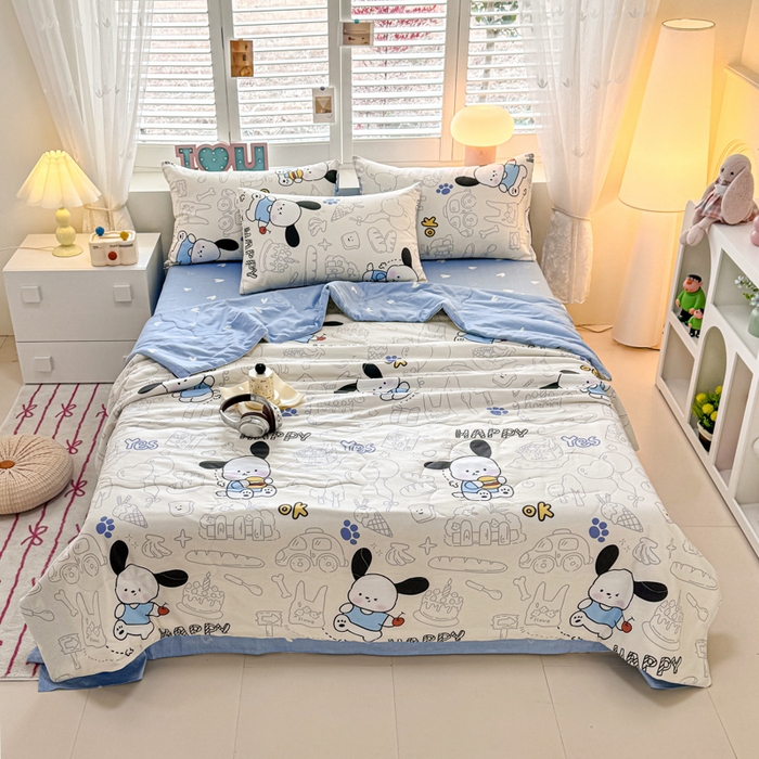 91家纺网 家纺一手货源 找家纺 洺兰家居 2025新款A类全棉印花麻绳款夏被四件套 蓝小狗