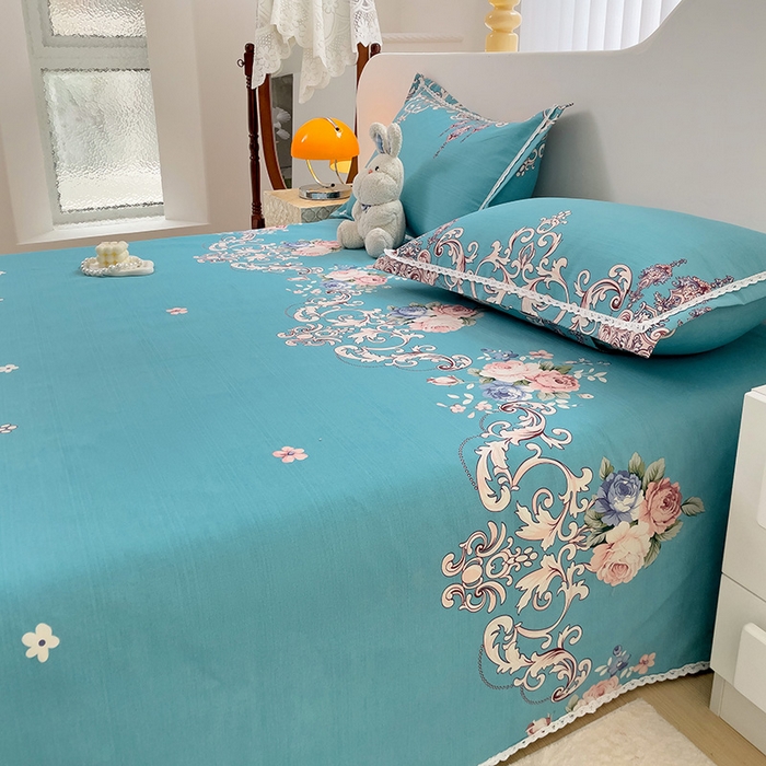 91家纺网 家纺一手货源 找家纺 梵克保罗 2025新款鱼骨棉老粗布凉席花边款床单三件套 欧式风情-蓝