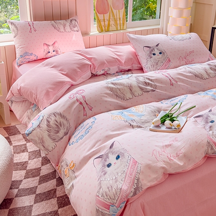 91家纺网 家纺一手货源 找家纺 澳梵家居 2025新款小清新全棉印花四件套 优雅猫咪