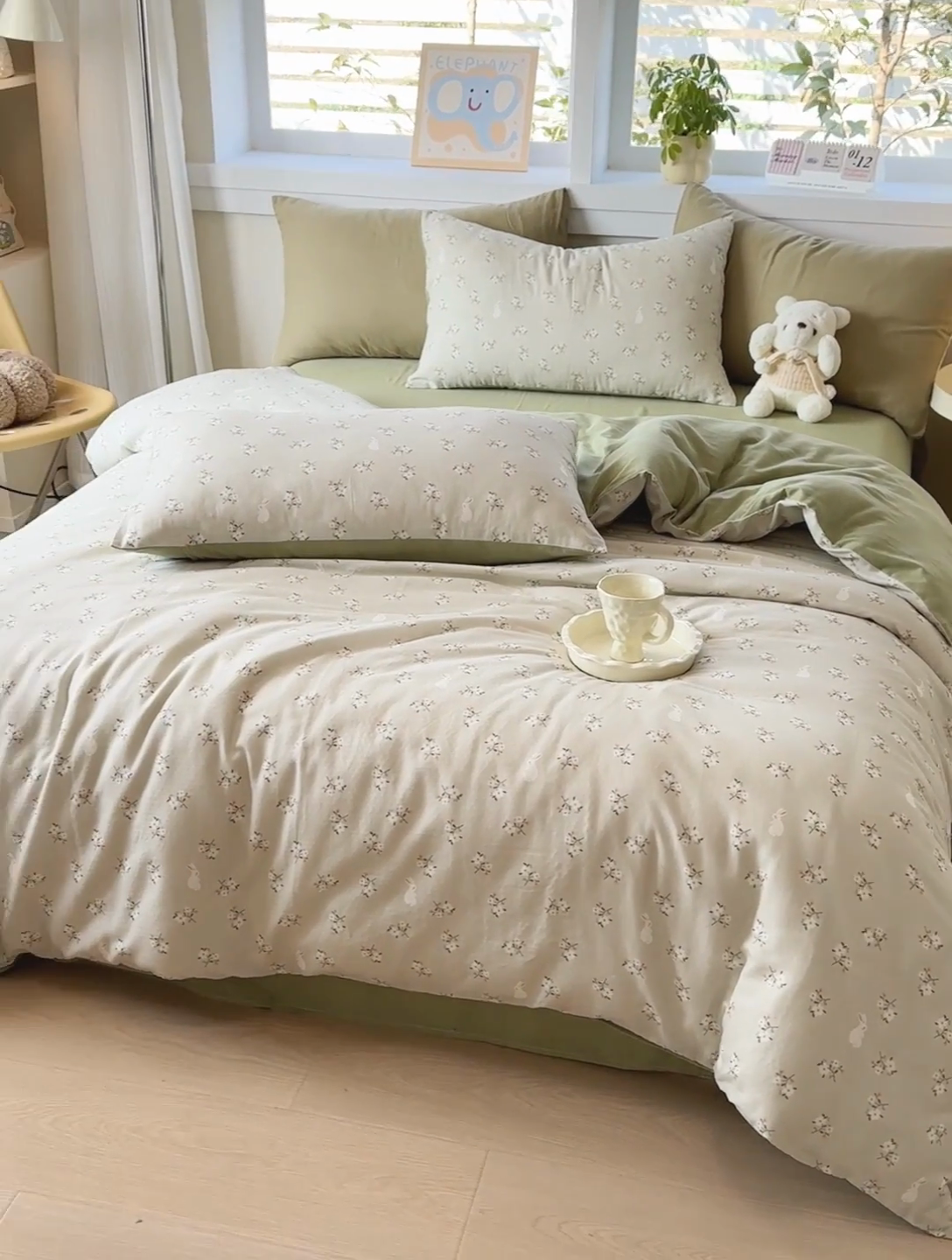 91家纺网 家纺一手货源 找家纺 2025新款40s全棉双层纱圆角吊边款四件套 白月光-绿