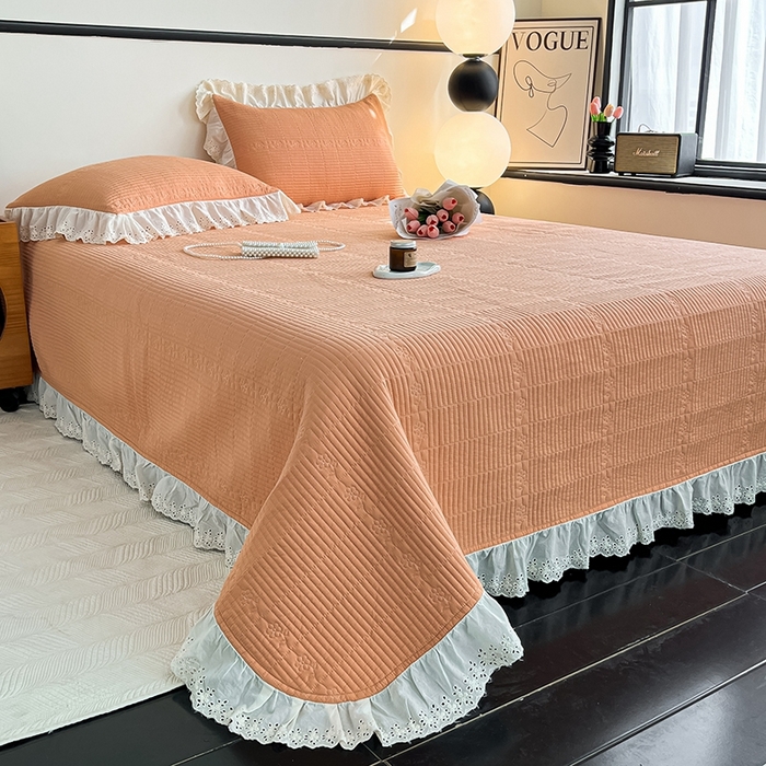 91家纺网 家纺一手货源 找家纺 沐纯家居 2025新款棉小乐花边床盖三件套 南瓜桔