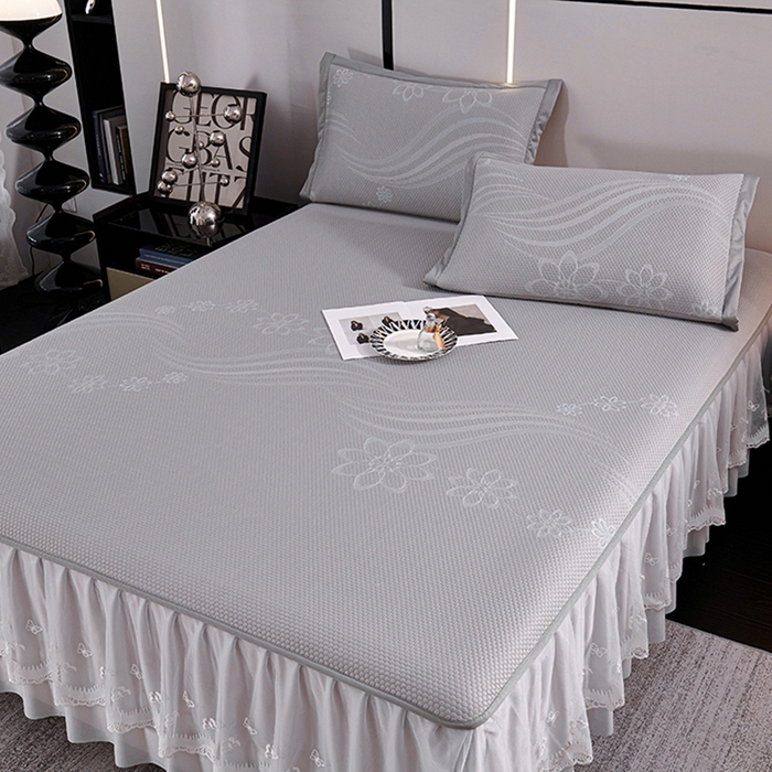 91家纺网 家纺一手货源 找家纺 梵克保罗 2025新款7A抗菌母婴级纯乙纶PE刺绣凉感丝豆豆席 床裙款 床裙款 浪花-灰