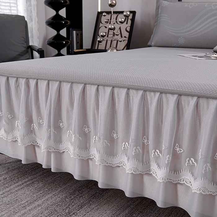 91家纺网 家纺一手货源 找家纺 梵克保罗 2025新款7A抗菌母婴级纯乙纶PE刺绣凉感丝豆豆席 床裙款 床裙款 浪花-灰